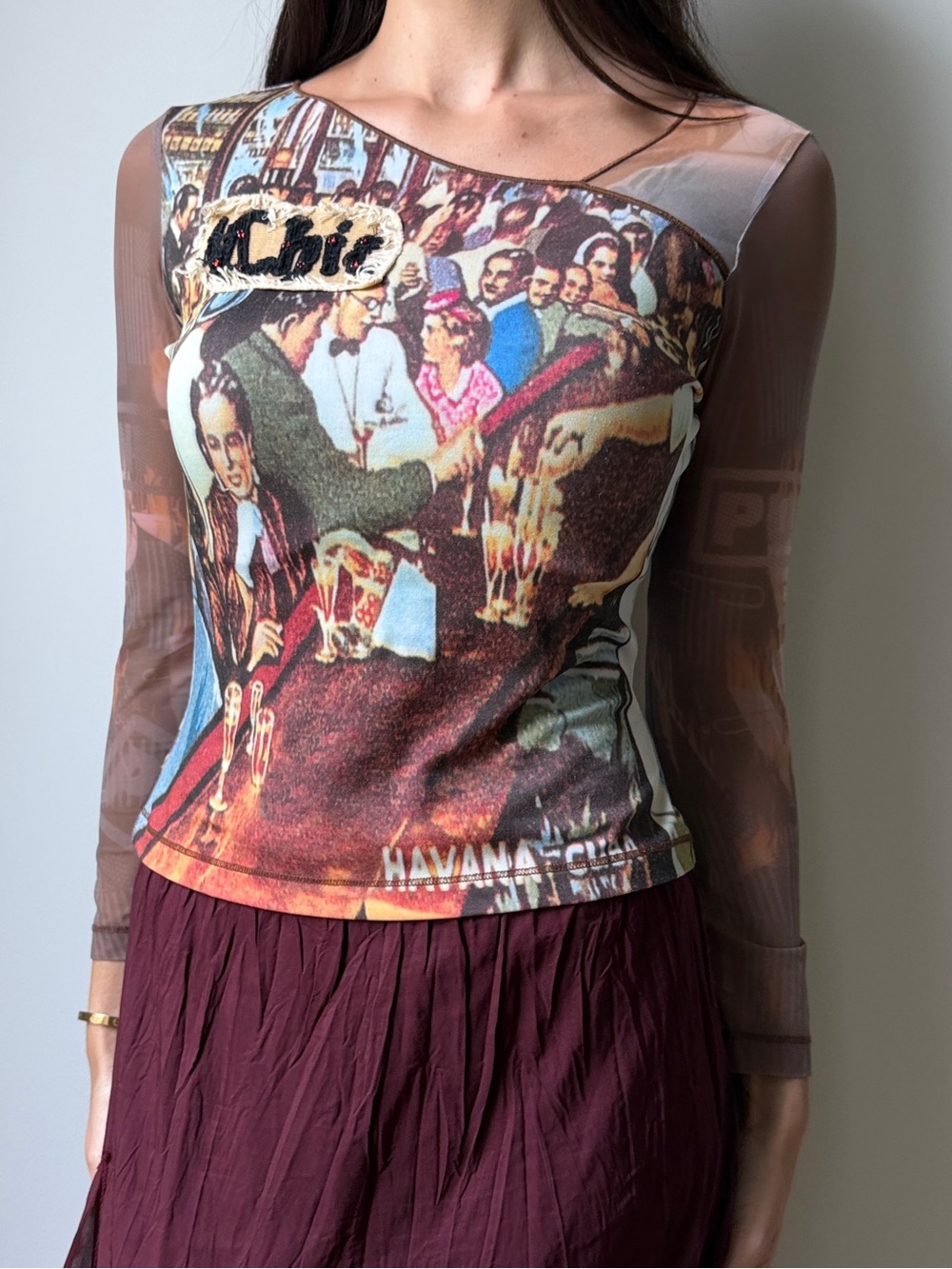 Vintage Y2K Amour by Love Havana Cuba Graphic Mesh Sleeve Top Asymmetric